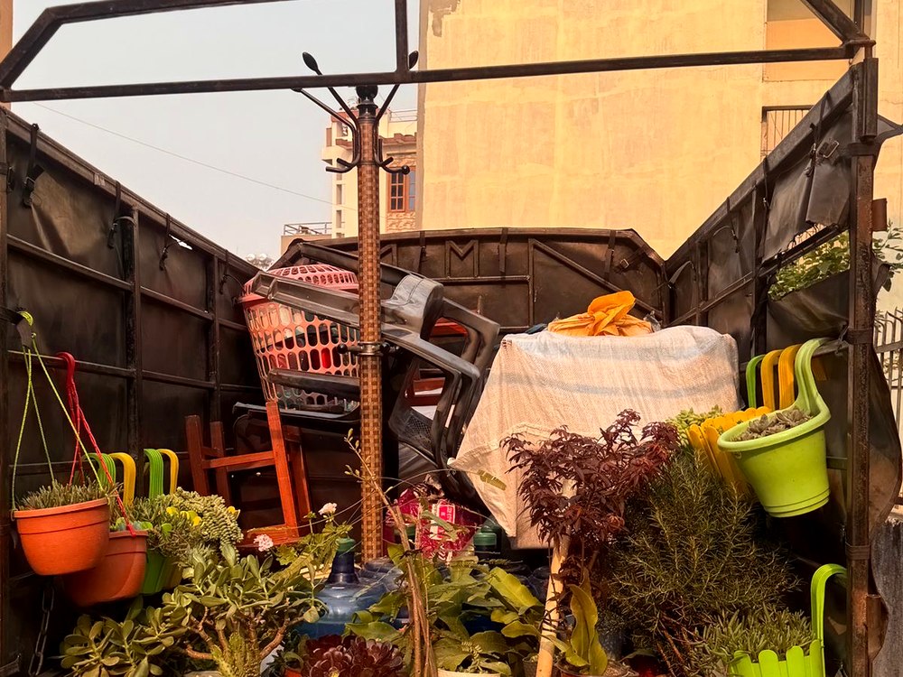 Truck loaded with garden plants and household items