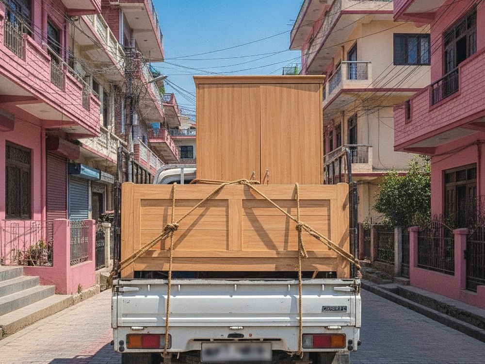 Wardrobe secured on truck for furniture transport