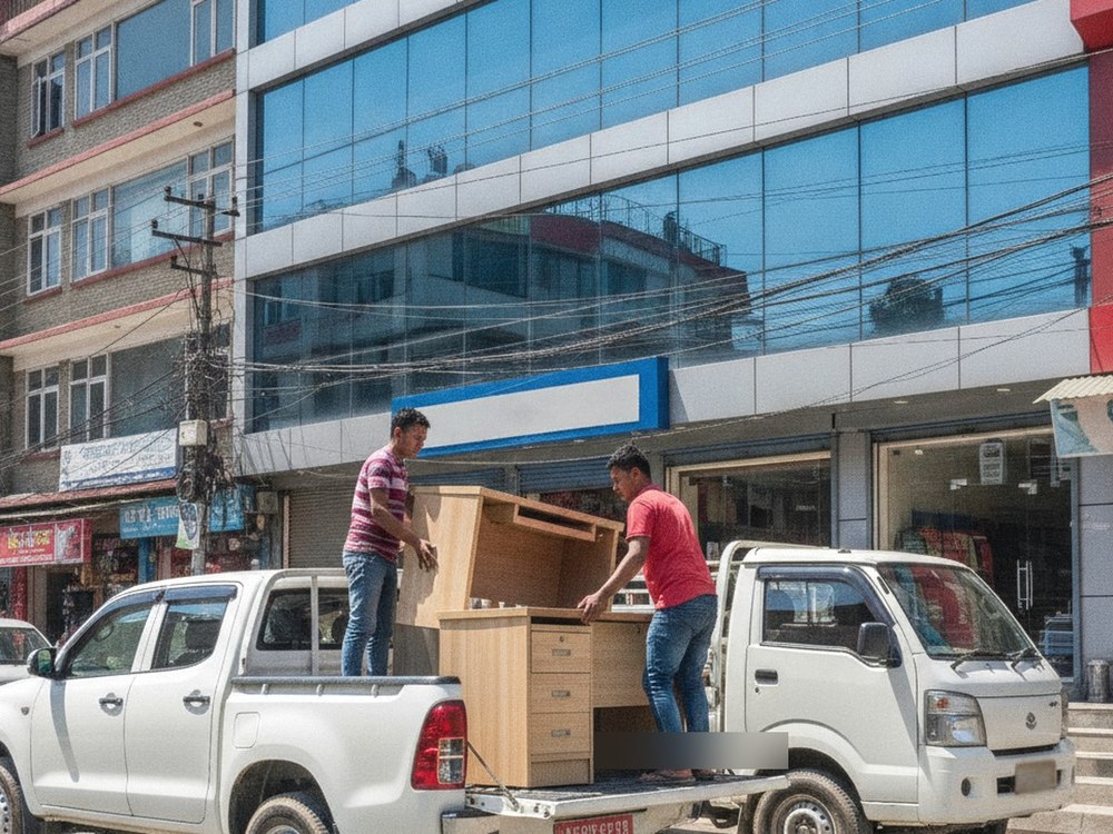 Office desk being loaded between two trucks