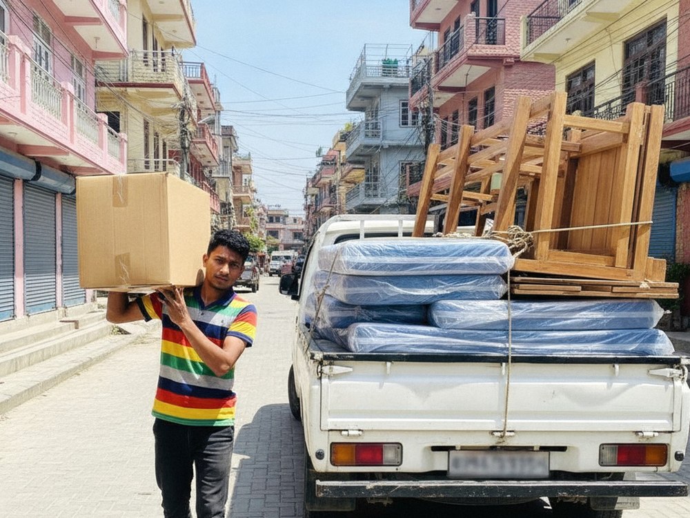 Worker carrying moving box beside loaded truck